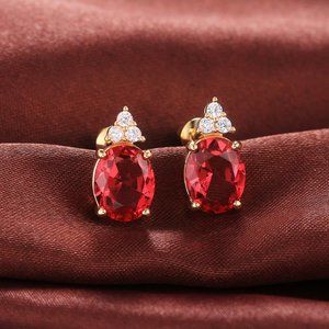 Beautiful Big Red Oval Zircon 14K Gold Plated Stud Earrings for Women, VP1022